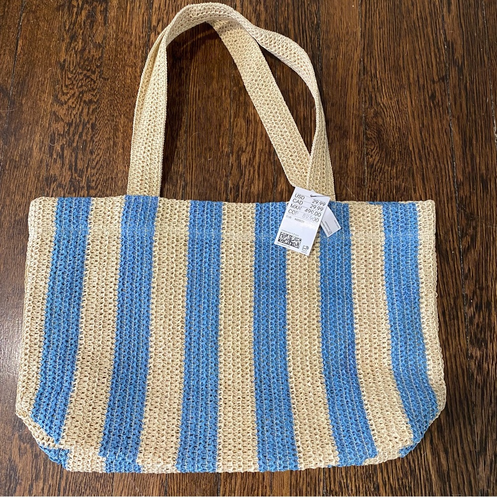 H&M Striped Blue and Tan Tote Bag NWT